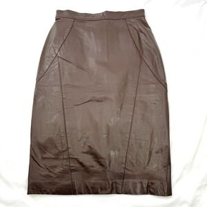 Brown Leather Pencil Skirt XS Vintage 90s Minimalist Office Career Quiet Luxury